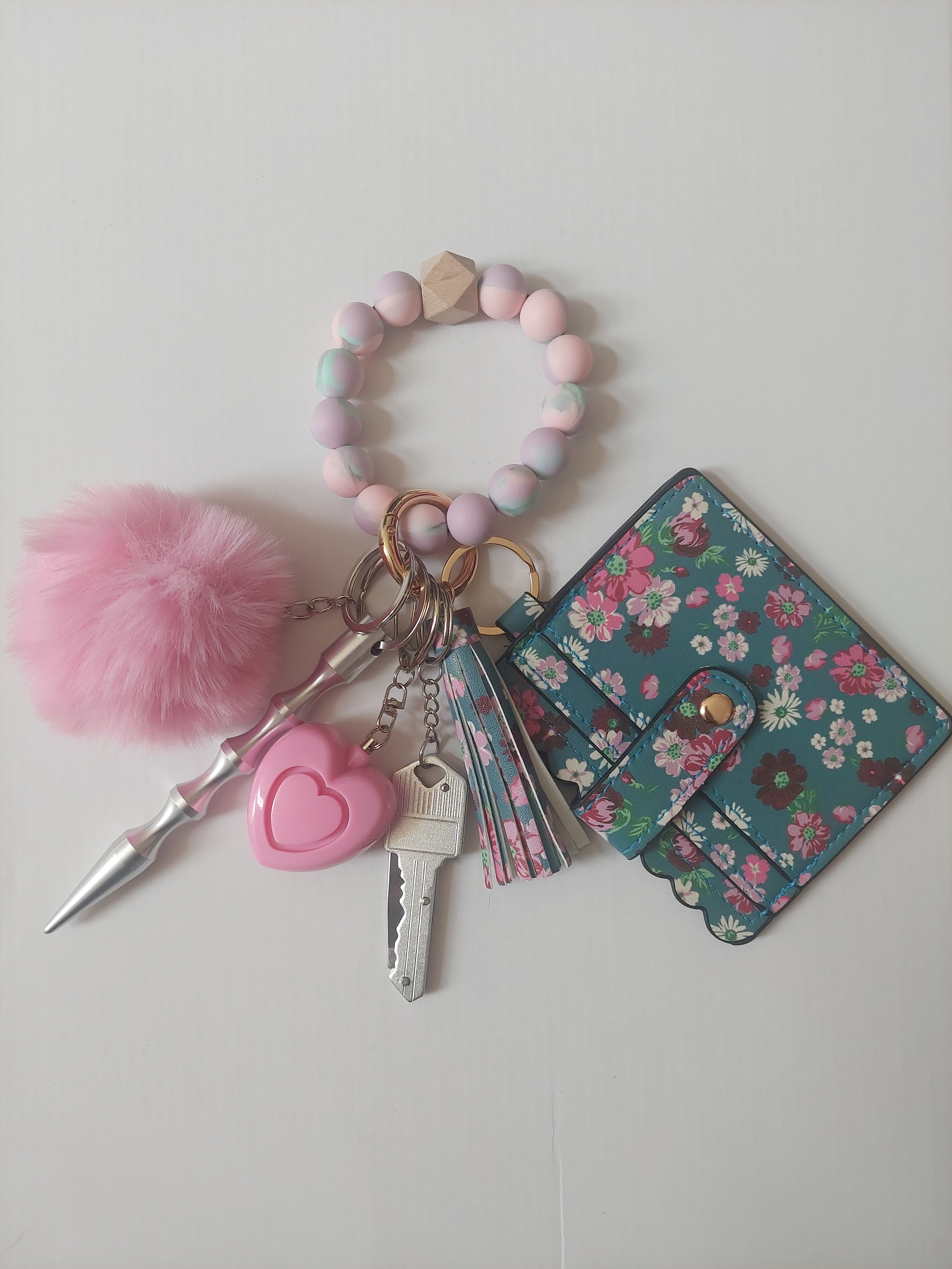 Pink and Teal Floral Keychain